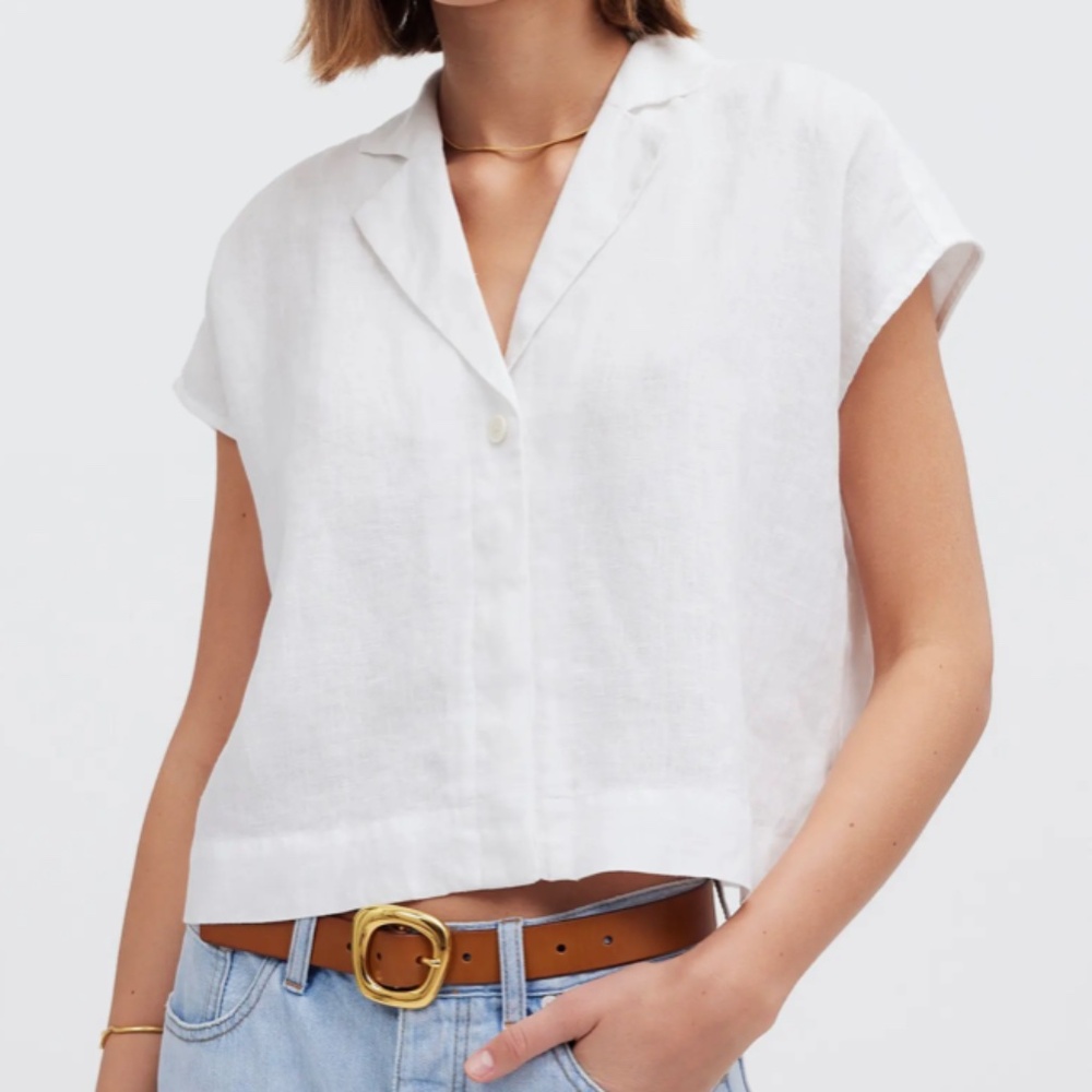 Boxy Cap Sleeve Linen Button-Up Shirt